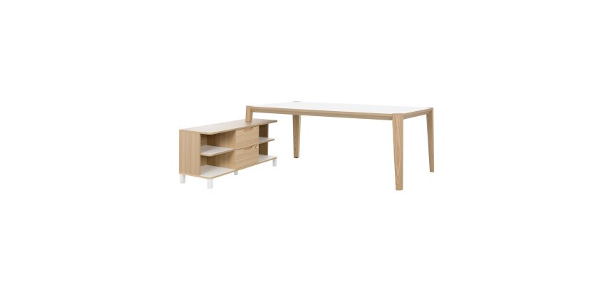 Bureau avec retour en meuble de rangement, plateau L 200 x P 90 cm, piétement bois massif - Absolu
