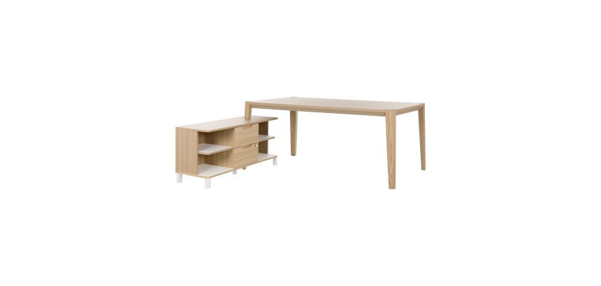 Bureau avec retour en meuble de rangement, plateau L 180 x P 90 cm, piétement bois massif - Absolu