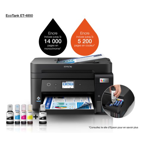 EPSON Imprimante multifonction à réservoir d'encre couleur, Wifi ECOTANK ET-4850