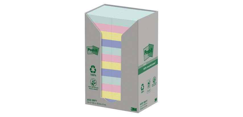 Notes repositionnables recyclées couleurs nature Post-It 38 x 51 mm - bloc de 100 feuilles
