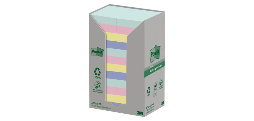 Notes repositionnables recyclées couleurs nature Post-It 38 x 51 mm - bloc de 100 feuilles