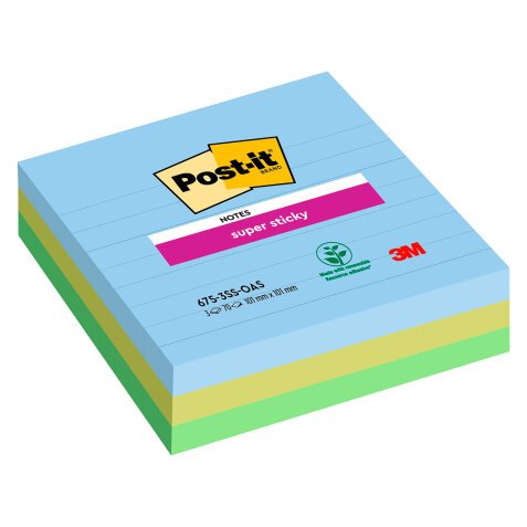 Notes lignées repositionnables couleurs Oasis Super Sticky Post-it 101 x 101 mm assortis - bloc de 70 feuilles
