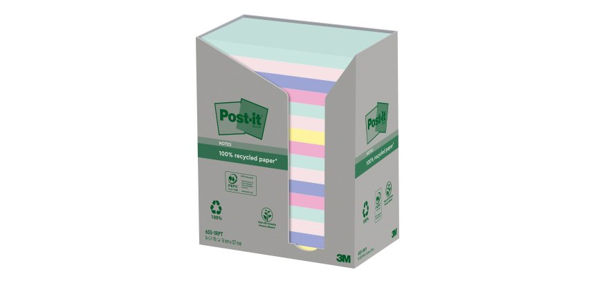 Notes repositionnables recyclées couleurs nature Post-It 76 x 127 mm - bloc de 100 feuilles