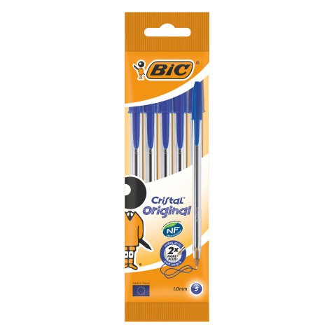 Balpen Bic Cristal Original met dopje punt 1 mm medium schrift - hoesje van 5