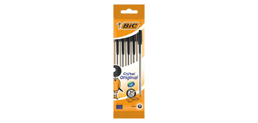 Stylo bille Bic Cristal Original à capuchon pointe 1 mm écriture moyenne - Pochette de 5