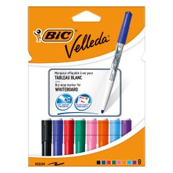 Marqueur effaçable Bic Velleda 1741 pointe ogive 2 mm - Pochette de 8 couleurs assorties