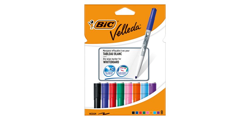 Marqueur effaçable Bic Velleda 1741 pointe ogive 2 mm - Pochette de 8 couleurs assorties
