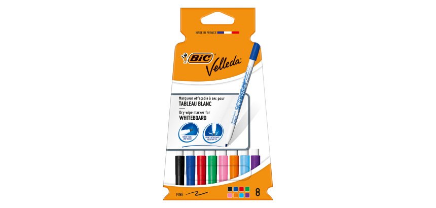 Marqueur effaçable Bic Velleda 1721 pointe ogive 1,2 mm - Pochette de 8 couleurs assorties