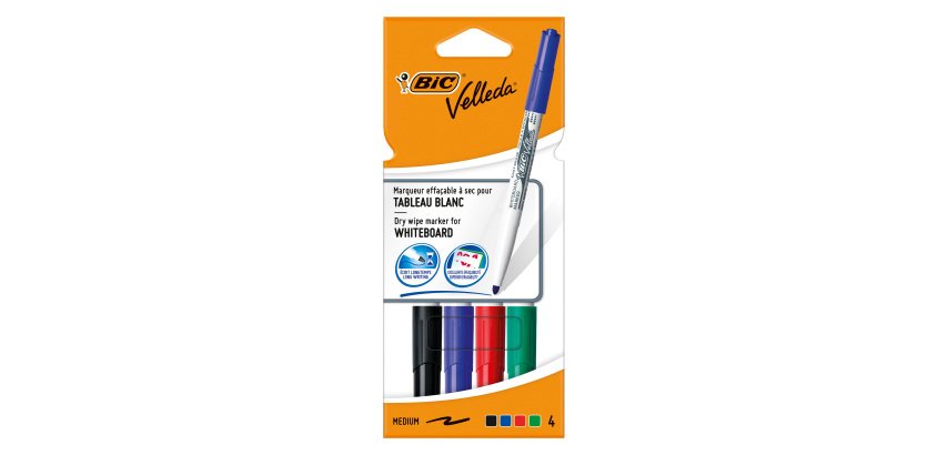 Marqueur effaçable Bic Velleda 1741 pointe ogive 2 mm - Pochette de 4 couleurs assorties