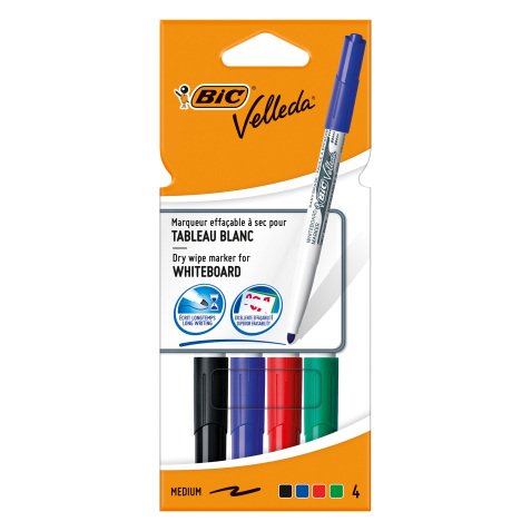 Marqueur effaçable Bic Velleda 1741 pointe ogive 2 mm - Pochette de 4 couleurs assorties