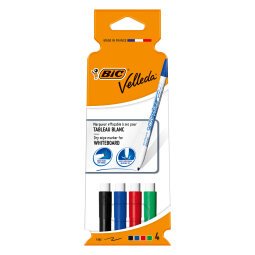 Marqueur effaçable Bic Velleda 1721 pointe ogive 2,8 mm - Pochette de 4 couleurs assorties