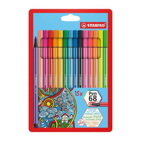 Viltstift Stabilo Pen 68 geassorteerde kleuren waarvan 5 fluo - hoesje van 15