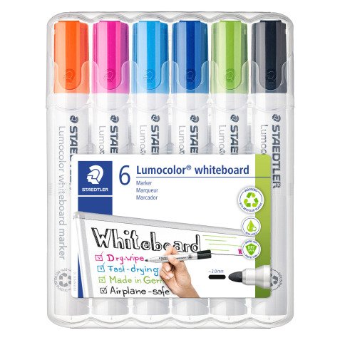 Marqueur effaçable rechargeable couleurs fun Staedtler Lumocolor pointe ogive 2 mm - Pochette de 6