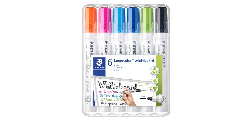 Marqueur effaçable rechargeable couleurs fun Staedtler Lumocolor 351 pointe ogive 2 mm - Pochette de 6