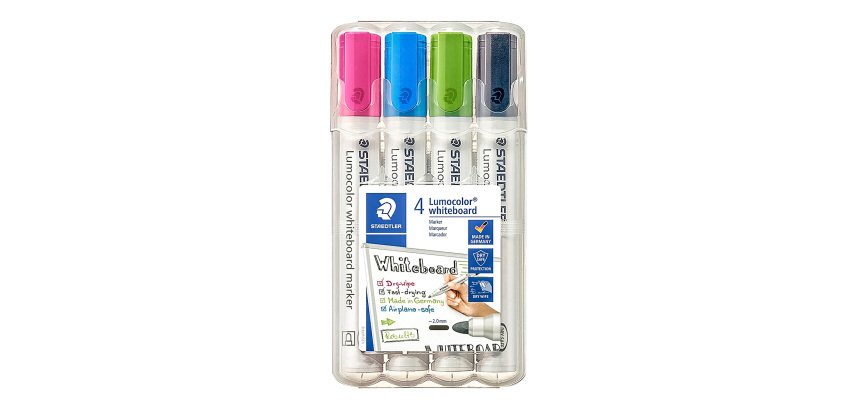 Marqueur effaçable rechargeable couleurs fun Staedtler Lumocolor pointe ogive 2 mm - Pochette de 4