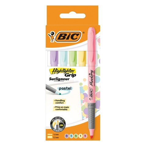 Surligneur Bic Highlighter Grip Pastel - Pochette de 5