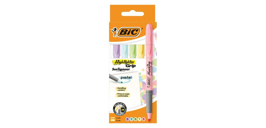 Surligneur Bic Highlighter Grip Pastel - Pochette de 5