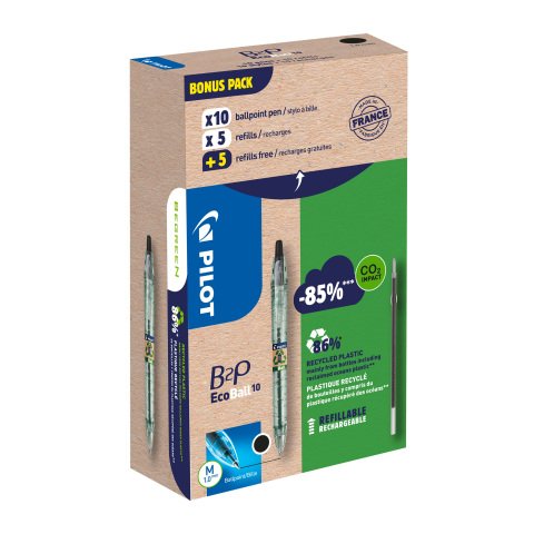Pack de 10 bolígrafos B2P Ecoball Pilot negro + 10 recargas, 5 gratis