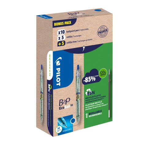 Pack de 10 bolígrafos B2P Ecoball Pilot azul+ 10 recargas, 5 gratis