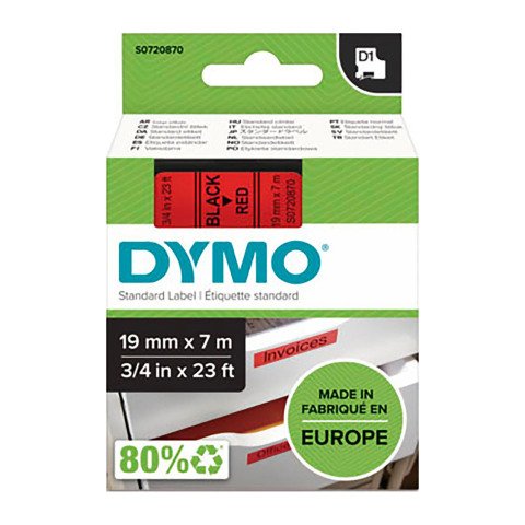 Cinta D1 Ancho 19 mm x 7 m. escritura negra, fondo rojo. Ref. Dymo 45807