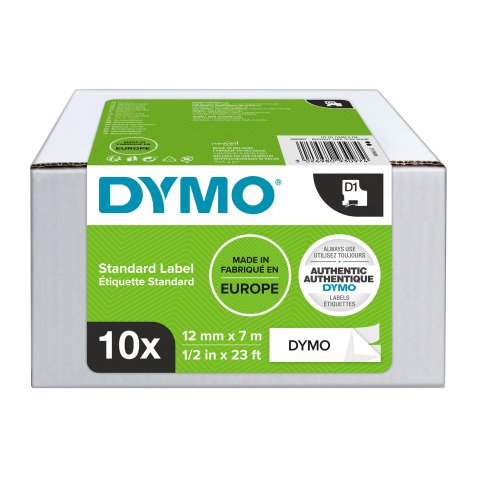 Pack 8 linten polyester Dymo D1 12 mm wit met zwarte tekst + 2 gratis 