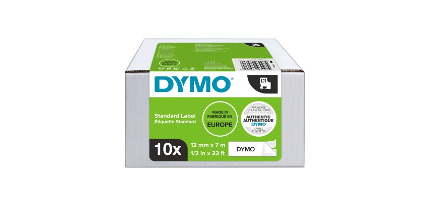 Pack 8 Bänder aus Polyester Dymo D1 12 mm weiß mit schwarzem Text + 2 kostenlos