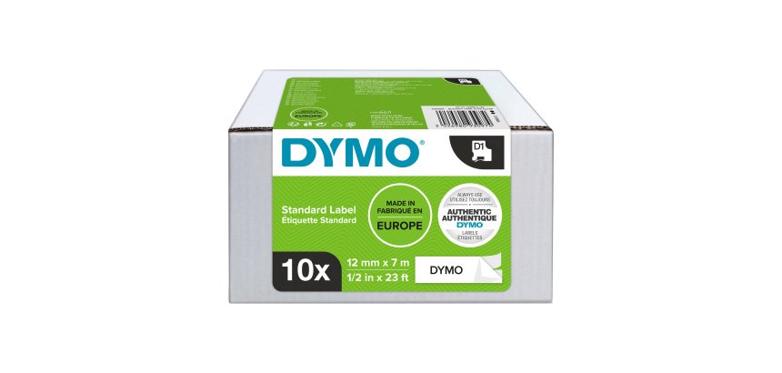 Pack 8 rubans polyester Dymo D1 12 mm blanc écriture noire + 2 offerts