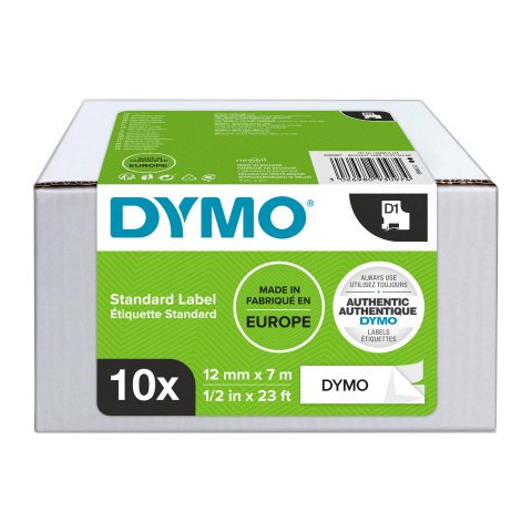 Pack ahorro 10 cintas de poliéster Dymo D1 de 12 mm x 7m blancas con escritura negra (45013)
