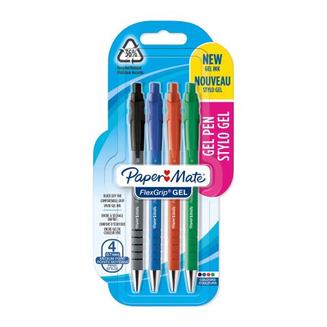 Stylo roller Paper Mate Flexgrip Gel rétractable pointe 0,7 mm - écriture moyenne - Blister de 4