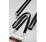 Tour de cou polyester noir recyclé pour badge avec double mousqueton - pochette de 10