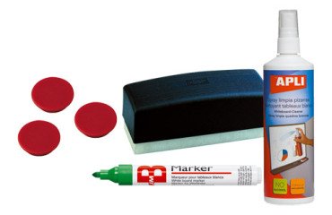 Pack pizarra blanca ( 4 rotuladores, 1 borrador magnético, 3 imánes,1 spray limpia pizarras) 