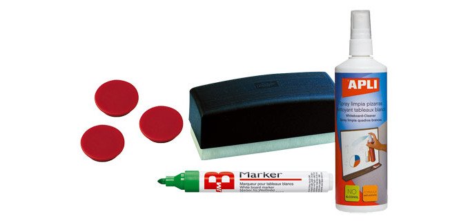 Pack pizarra blanca ( 4 rotuladores, 1 borrador magnético, 3 imánes,1 spray limpia pizarras) 