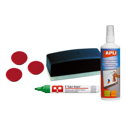 Pack pizarra blanca ( 4 rotuladores, 1 borrador magnético, 3 imánes,1 spray limpia pizarras)