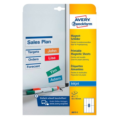 Etiqueta magnética blanca para inkjet de tinta Avery J8875-5 140 x 50 mm - Paquete de 40