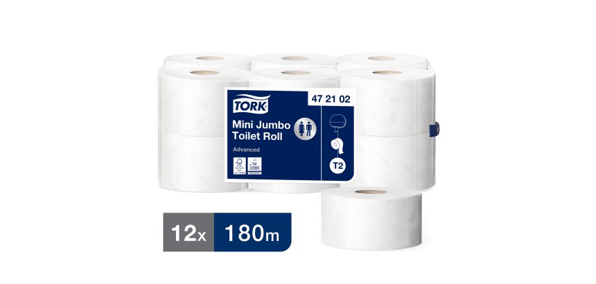 Papier toilette Mini Jumbo double épaisseur Advanced Tork T2 - 12 rouleaux de 180 m