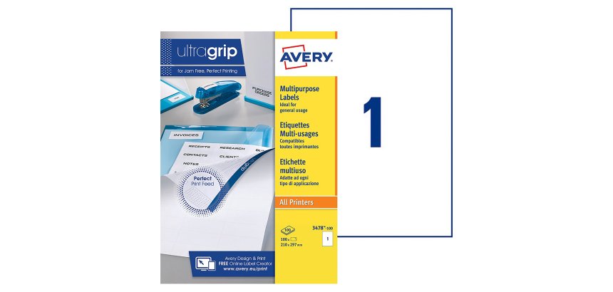 Etiquette adresse jet d'encre et laser 297 x 210 mm Avery 3478-100 blanche - Boîte de 100