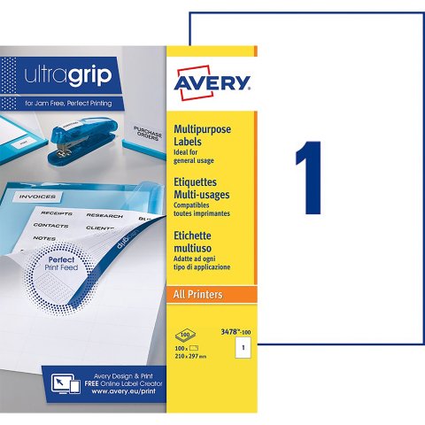 Etiquetas para direcciones impresoras de tinta y láser 297 x 210 mm Avery 3478-100 blanca - Caja de 100