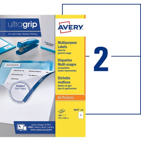 Etiquetas para direcciones impresoras de tinta y láser 210 x 148 mm Avery 3655-100 blanca - Caja de 200