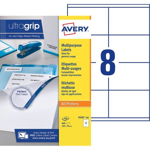 Etiquetas para direcciones impresoras de tinta y láser 105 x 70 mm Avery 3426-100 blanca - Caja de 800
