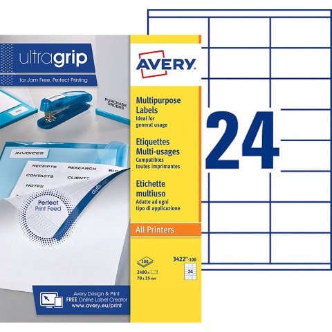Etiquetas para direcciones impresoras de tinta y láser 70 x 35 mm Avery 3422-100 blanca - Caja de 2400