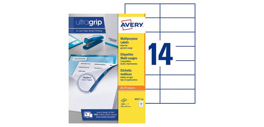 Etiquette adresse jet d'encre et laser 105 x 42,3 mm Avery 3653-100 blanche - Boîte de 1400