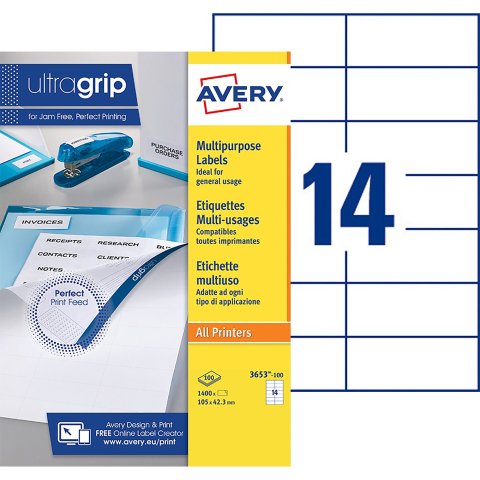 Etiquetas para direcciones impresoras de tinta y láser 105 x 42,3 mm Avery 3653-100 blanca - Caja de 1400