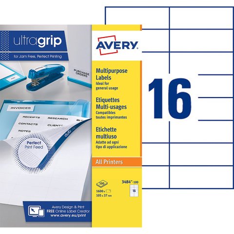 Etiquetas para direcciones impresoras de tinta y láser 105 x 37 mm Avery 3484-100 blanca - Caja de 1600