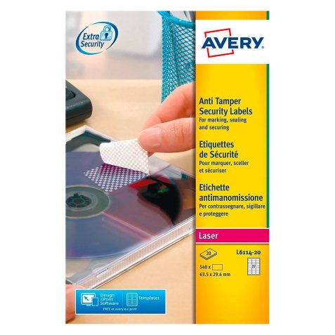 Safety label laser 63,5 x 29,6 mm Avery L6114 - 20 white - sleeve of 540