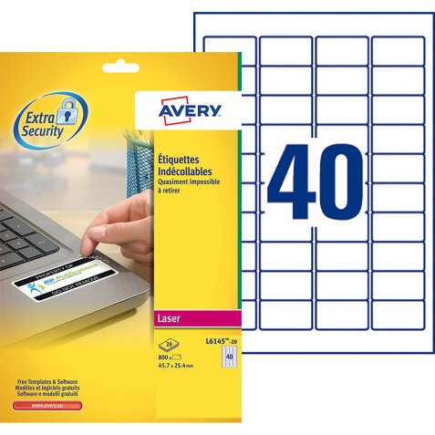 Safety label laser 45,7 x 25,4 mm Avery L6145 - 20 white - sleeve of 800