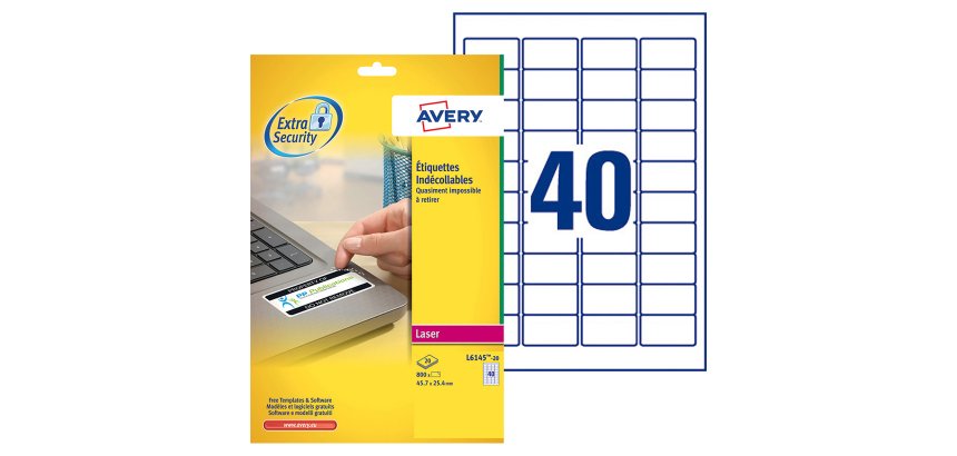 Etiquette de sécurité laser 45,7 x 25,4 mm Avery L6145-20 blanche - Pochette de 800