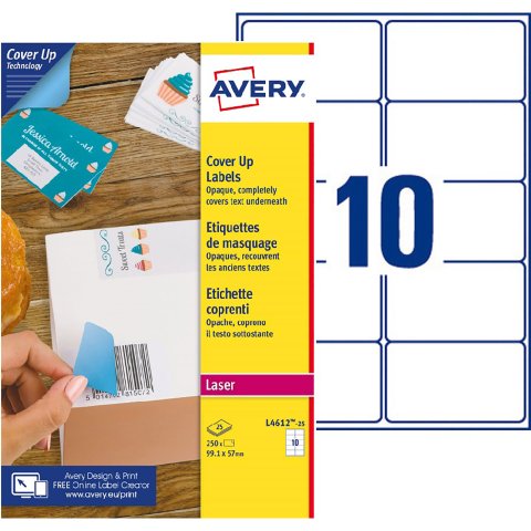 Etiqueta opaca cubriente láser 99,1 x 57 mm Avery blanca - Caja de 250