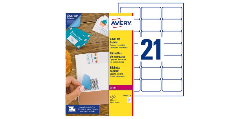 Etiqueta opaca cubriente láser 63,5 x 38,1 mm Avery blanca - Caja de 525