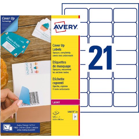 Etiqueta opaca cubriente láser 63,5 x 38,1 mm Avery blanca - Caja de 525