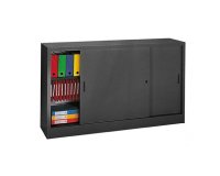 Sliding door cabinet, H 105 x W 120 cm, grey body, blue doors